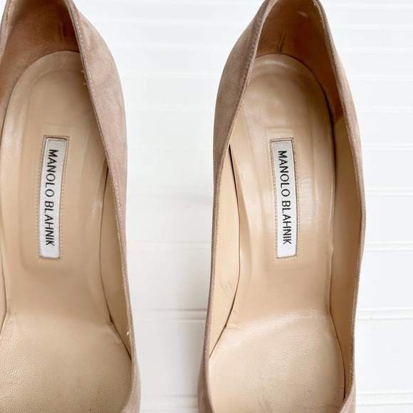 Manolo Blahnik BB Suede Pumps 105 Pointed Toe Taupe Tan Neutral Stiletto - Picture 5 of 13